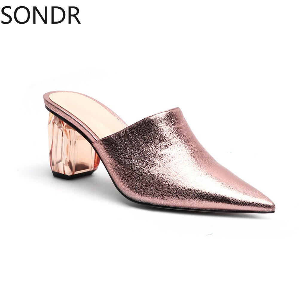 Womens Pointed Toe Leather Clear Stitching Snake Pattern Mules Crystal Heel Slippers Slides Shoes Sandals Summer image 54