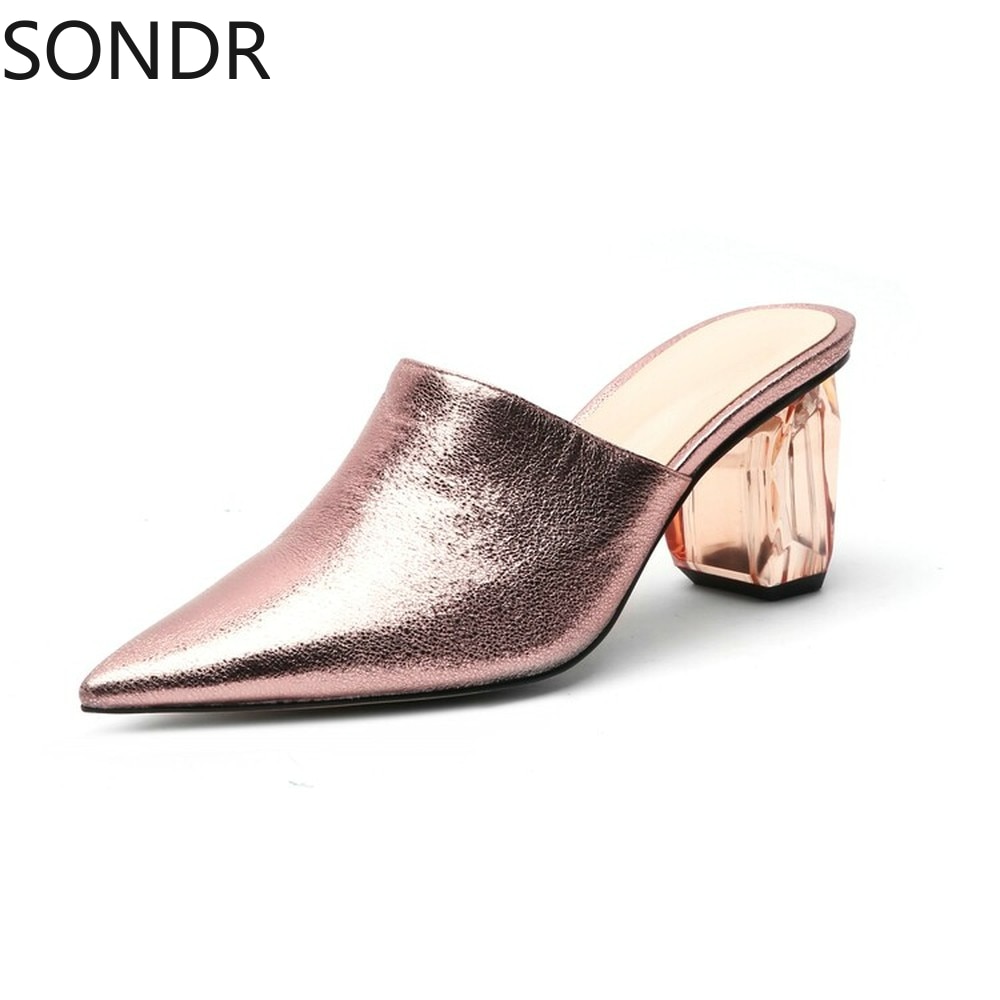 Womens Pointed Toe Leather Clear Stitching Snake Pattern Mules Crystal Heel Slippers Slides Shoes Sandals Summer image 39