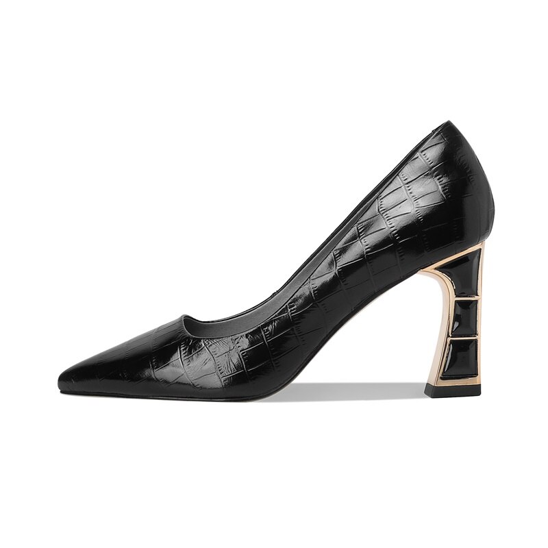 Celebrity High Heels Electroplated Metal Pointed Single Shoes Black Thick Heels Real Leather Shoes Children Summer Women's Shoes Soft Leather image 18