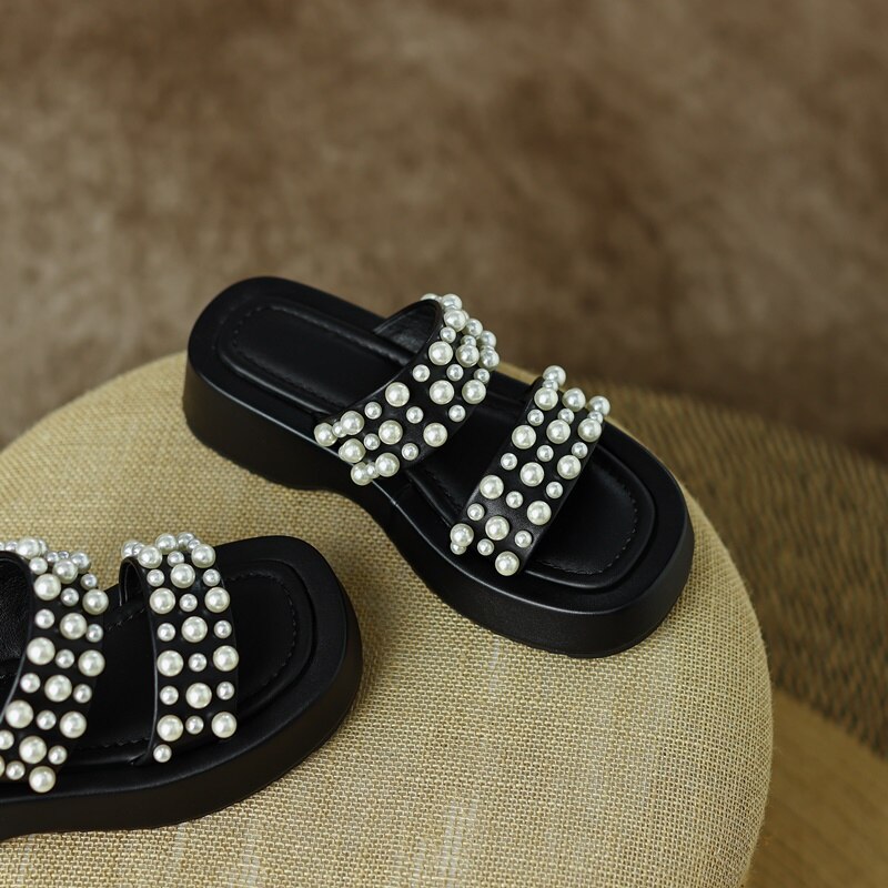 Summer Thick Bottom Sheepskin Pearl Slippers Casual Shoes Muffin Heel Women's Shoes image 15