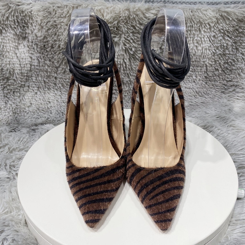 Dark Brown Hairy Zebra Women Pointed Toe Ankle Strap Slingbacks Stiletto Pumps Sexy Ladies Comfortable High Heel Shoes image 3