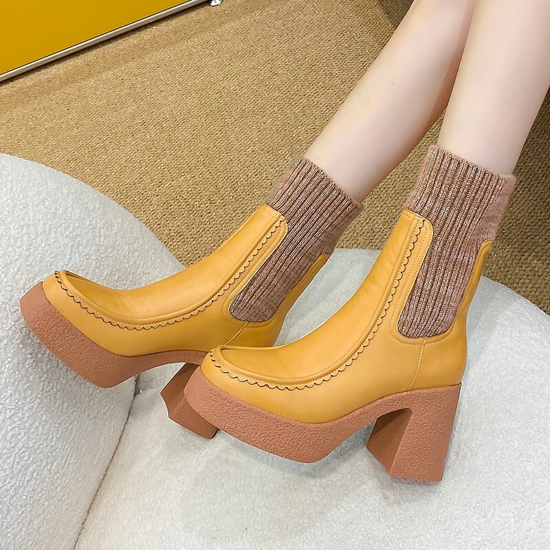 Platform Ankle Boots Woman Shoes Stretch Wool Leather Simple Brand Sock Boots High Heel Autumn Winter Warm Boots image 36
