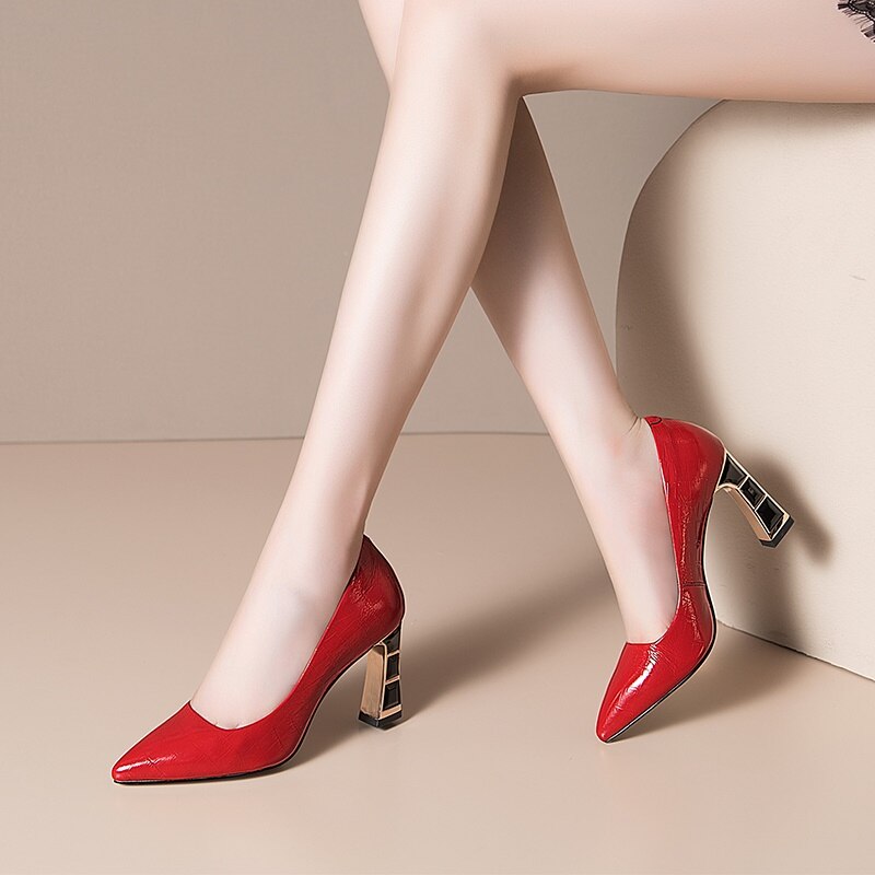Celebrity High Heels Electroplated Metal Pointed Single Shoes Black Thick Heels Real Leather Shoes Children Summer Women's Shoes Soft Leather image 22