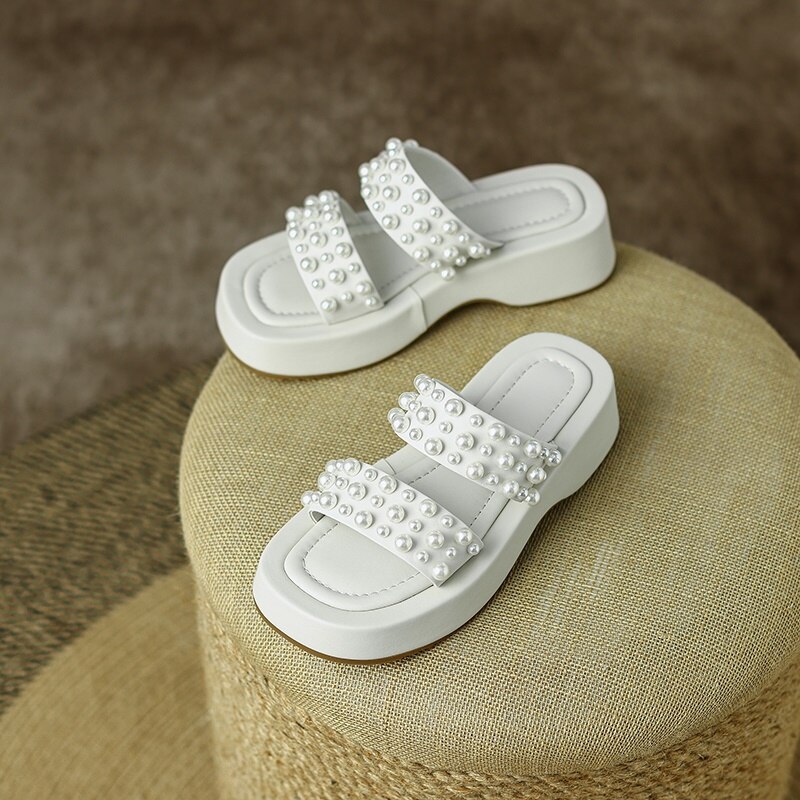 Summer Thick Bottom Sheepskin Pearl Slippers Casual Shoes Muffin Heel Women's Shoes image 16