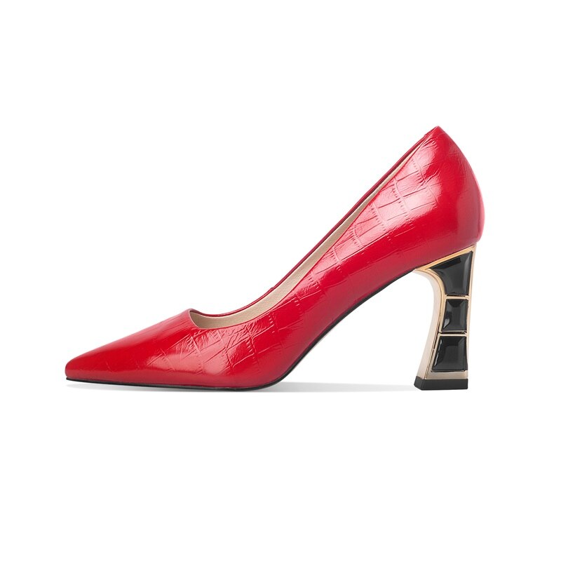 Celebrity High Heels Electroplated Metal Pointed Single Shoes Black Thick Heels Real Leather Shoes Children Summer Women's Shoes Soft Leather image 10