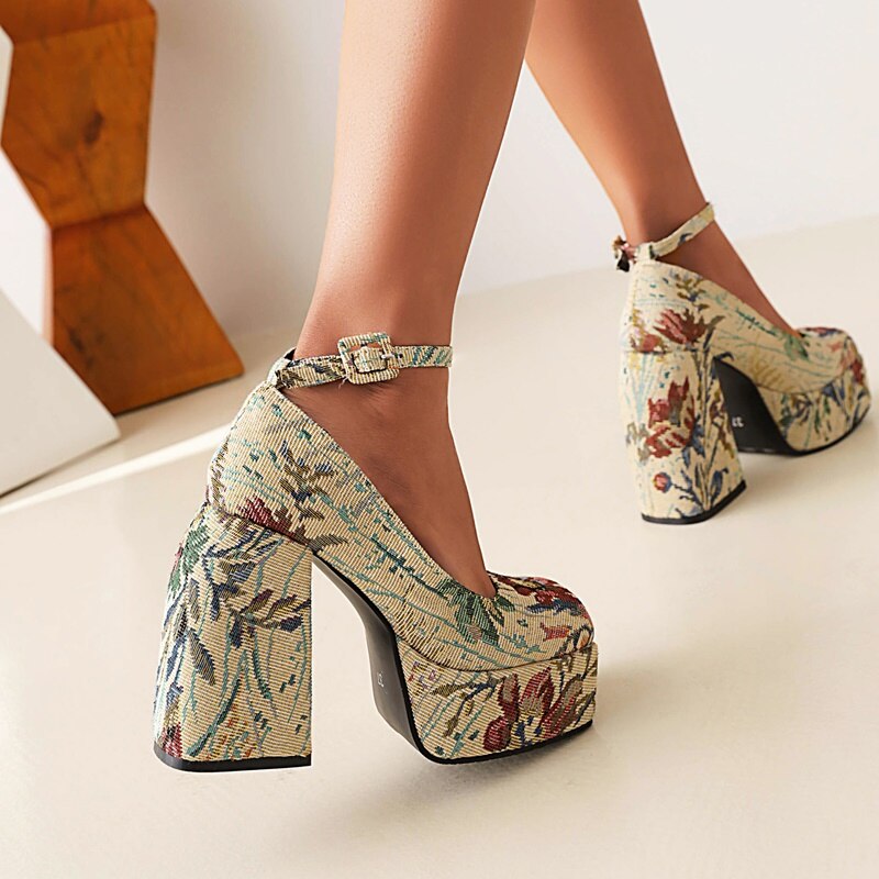 Spring Floral Printed Square Head Platform Flat Buckle High Heel Sandals image 35