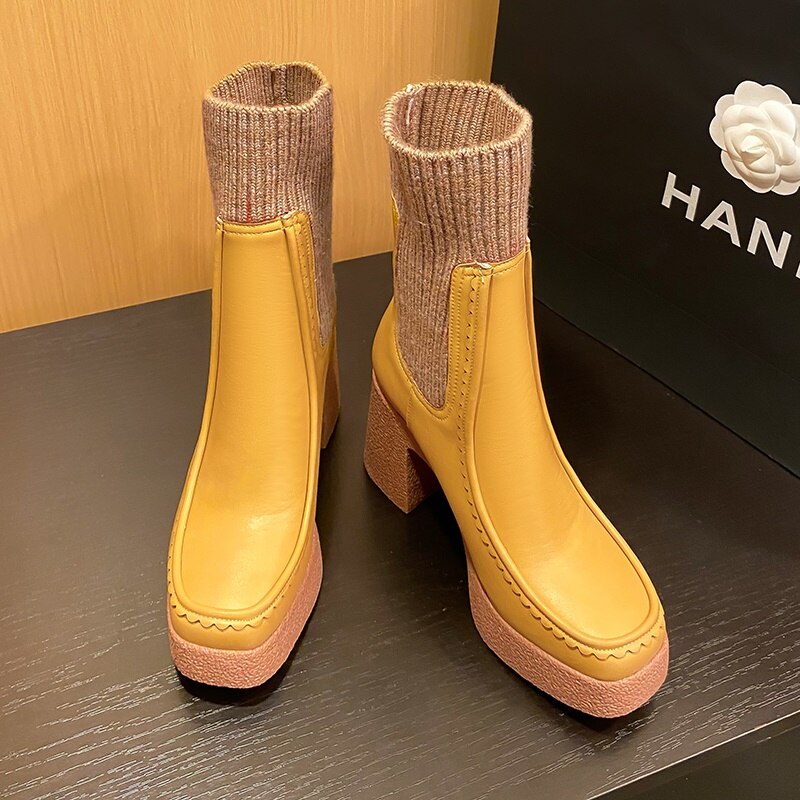 Platform Ankle Boots Woman Shoes Stretch Wool Leather Simple Brand Sock Boots High Heel Autumn Winter Warm Boots image 32