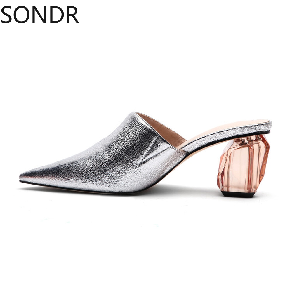 Womens Pointed Toe Leather Clear Stitching Snake Pattern Mules Crystal Heel Slippers Slides Shoes Sandals Summer