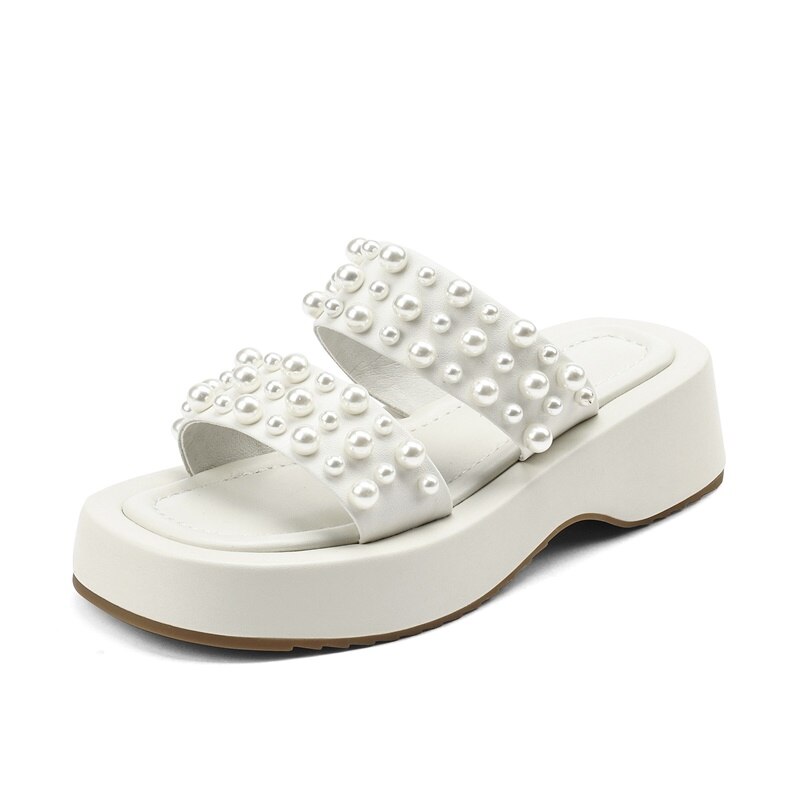 Summer Thick Bottom Sheepskin Pearl Slippers Casual Shoes Muffin Heel Women's Shoes image 17