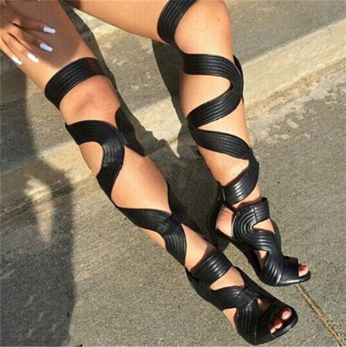 Sexy Open Toe Gladiator Sandals Women Boots Cut-Outs Lace Up Thigh High Boots High Heels Black Leather Shoes Woman Botas image 25