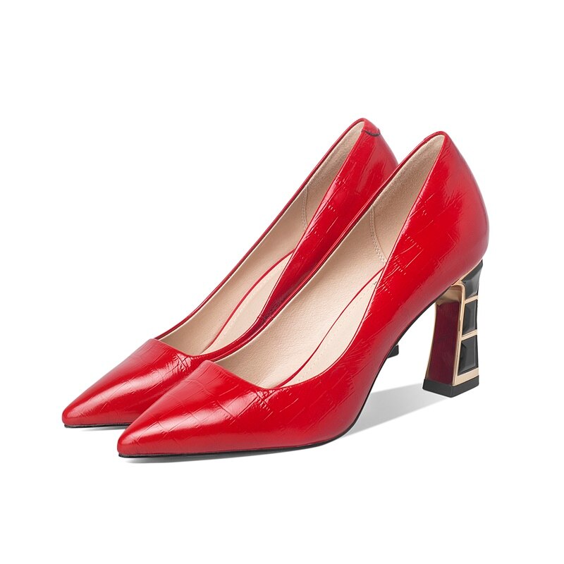 Celebrity High Heels Electroplated Metal Pointed Single Shoes Black Thick Heels Real Leather Shoes Children Summer Women's Shoes Soft Leather image 26