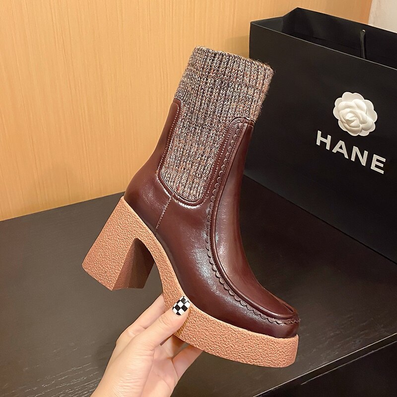 Platform Ankle Boots Woman Shoes Stretch Wool Leather Simple Brand Sock Boots High Heel Autumn Winter Warm Boots image 34