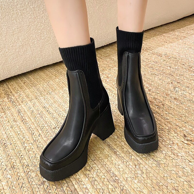 Platform Ankle Boots Woman Shoes Stretch Wool Leather Simple Brand Sock Boots High Heel Autumn Winter Warm Boots image 35