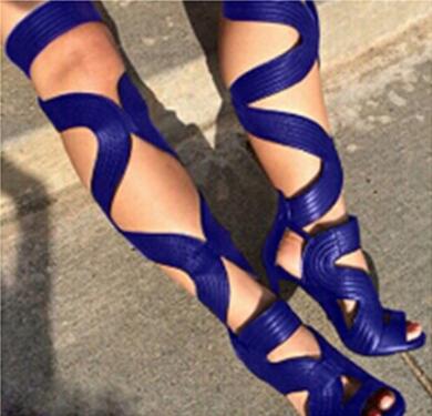 Sexy Open Toe Gladiator Sandals Women Boots Cut-Outs Lace Up Thigh High Boots High Heels Black Leather Shoes Woman Botas image 9