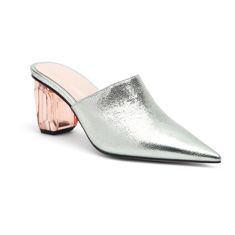 Womens Pointed Toe Leather Clear Stitching Snake Pattern Mules Crystal Heel Slippers Slides Shoes Sandals Summer image 5