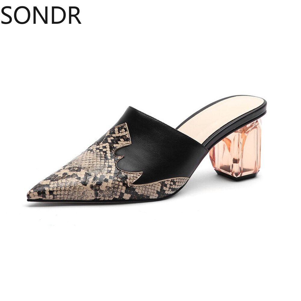 Womens Pointed Toe Leather Clear Stitching Snake Pattern Mules Crystal Heel Slippers Slides Shoes Sandals Summer image 21