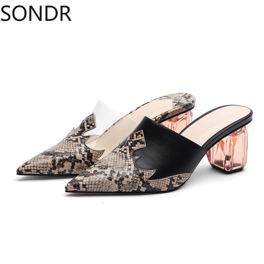 Womens Pointed Toe Leather Clear Stitching Snake Pattern Mules Crystal Heel Slippers Slides Shoes Sandals Summer image 56