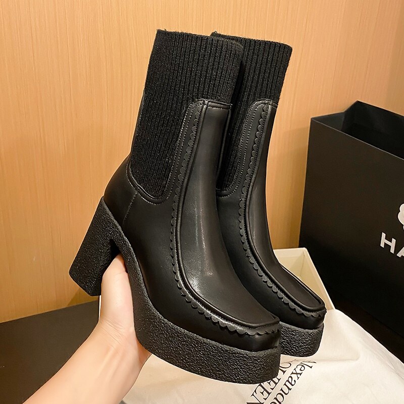 Platform Ankle Boots Woman Shoes Stretch Wool Leather Simple Brand Sock Boots High Heel Autumn Winter Warm Boots image 33