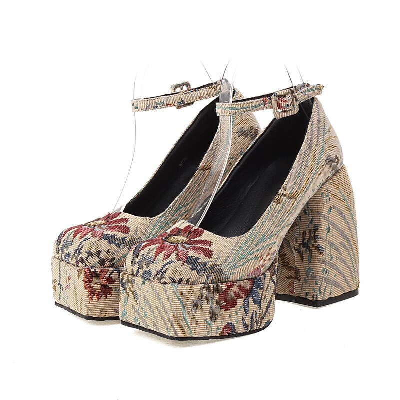 Spring Floral Printed Square Head Platform Flat Buckle High Heel Sandals image 12