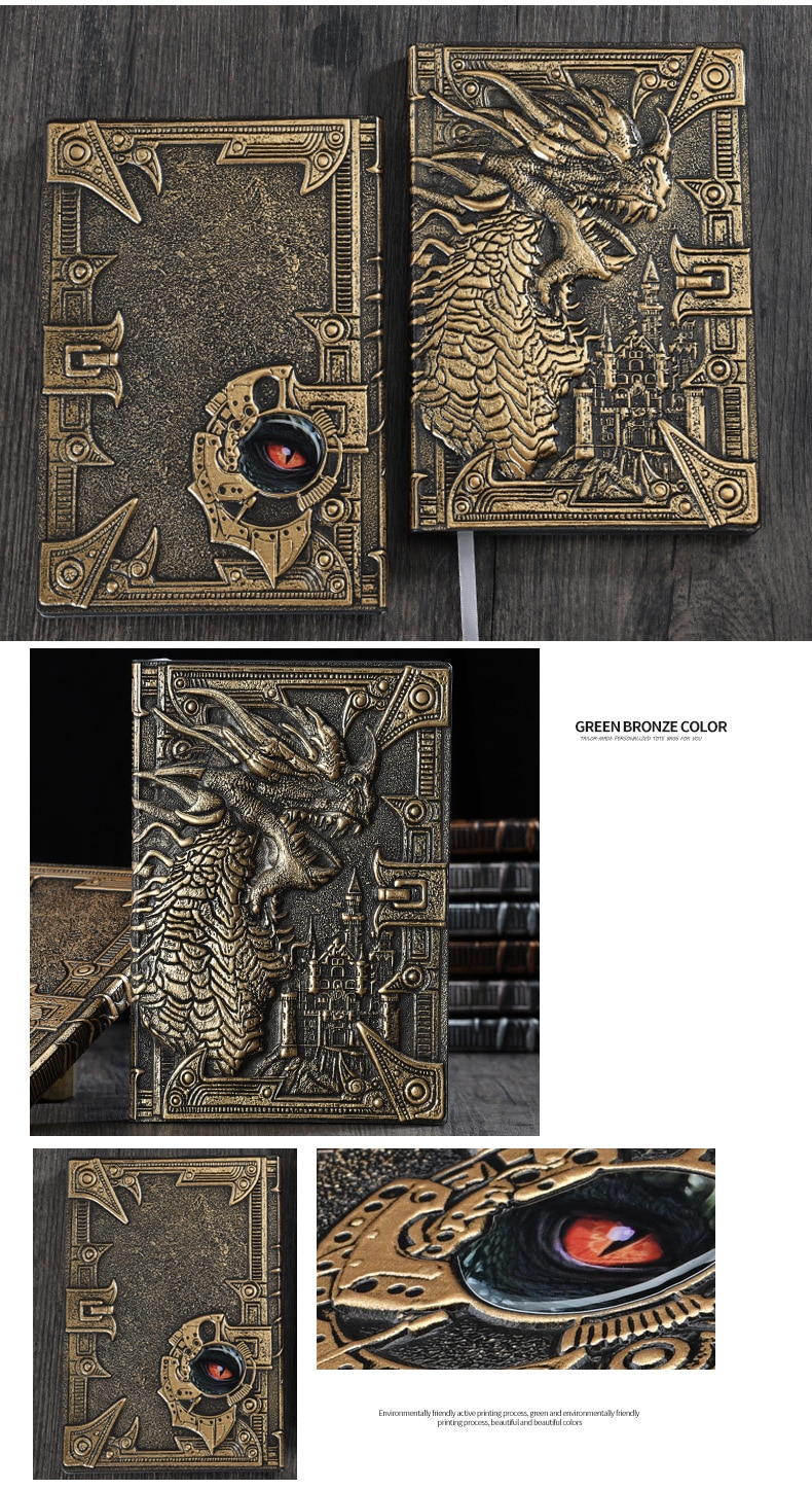 Retro Embossed Metal 3-D Dragon Notebook is the perfect accessory for those who desire a luxurious writing companion. Crafted with intricate embossed metal, this notebook will add an exclusive touch to your stationery collection. Capture your thoughts and ideas in style with this exquisite dragon notebook.