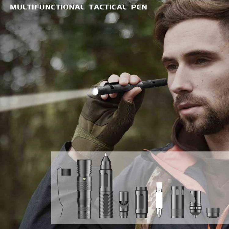 Outdoor Multifunctional Self-defense Pen Self-defense Broken Window Cone Flashlight Whistle Pen