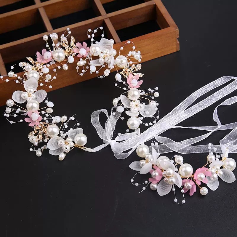 粉色米珠花环+手环一套