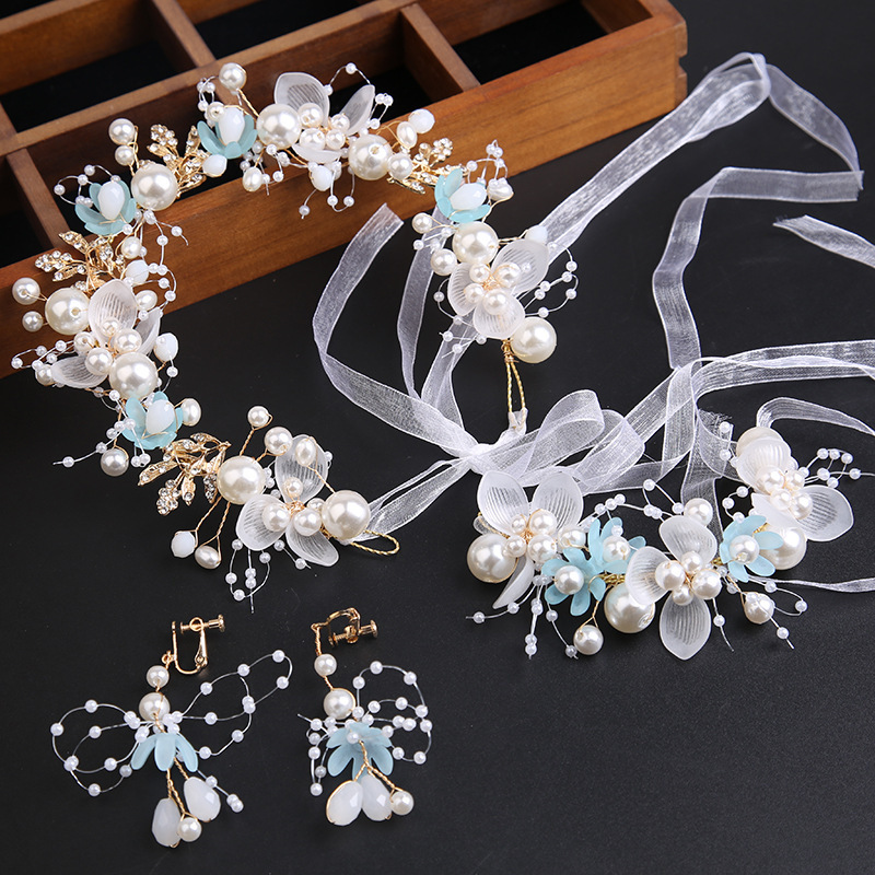 蓝色米珠花环+手环+耳夹 三件套