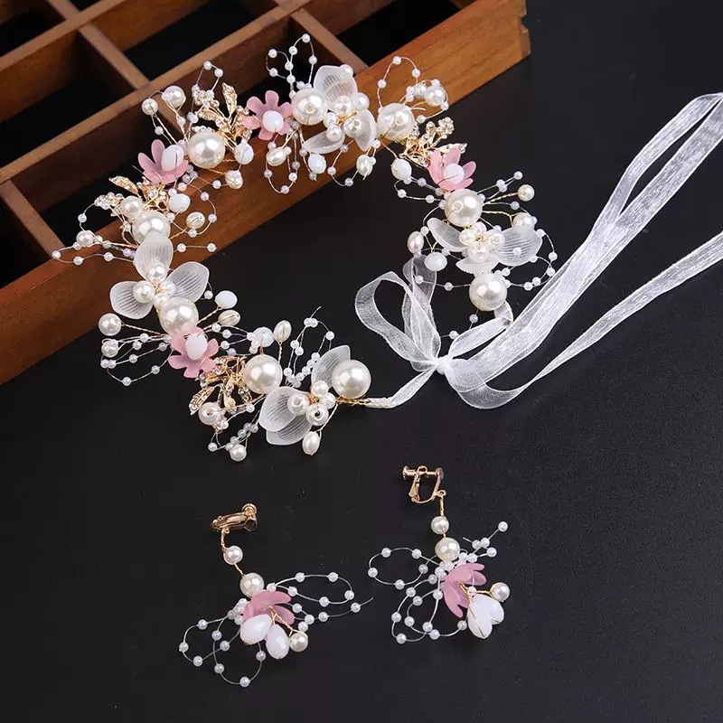 粉色米珠花环+耳夹1套