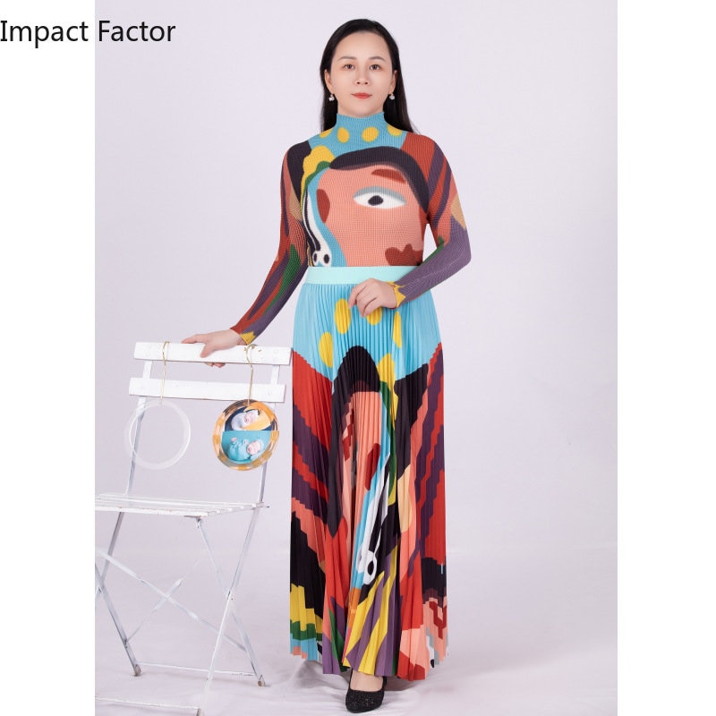 Women Pleats 2-piece Set Spring New Abstract Figure Print Corn Kernel Long-sleeved Top+versatile