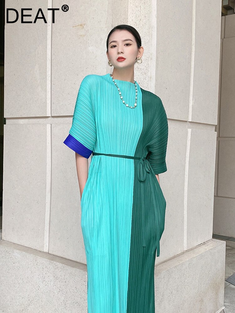 DEAT Pleated A-line Dress Women Color Block Belt Elastic Waist Patchwork Short Sleeve Split Sping