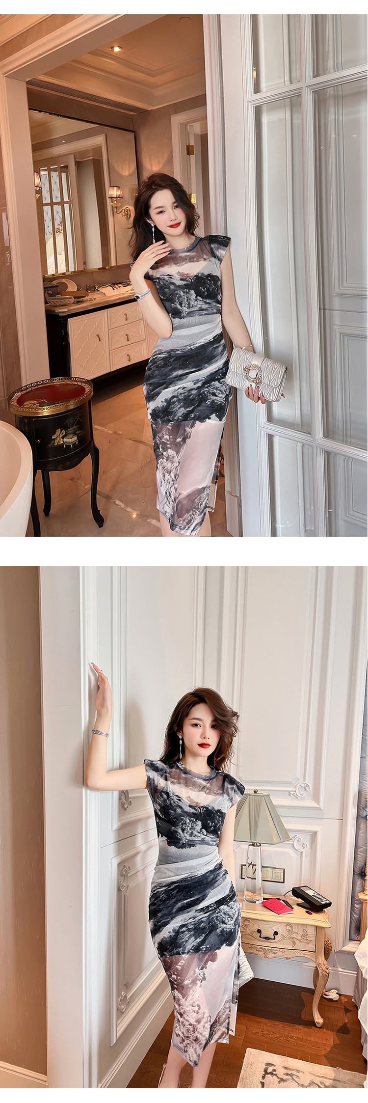 Korean Elegant Women's Midi Dress - Vintage Sexy O-Neck Slit Party Outfit