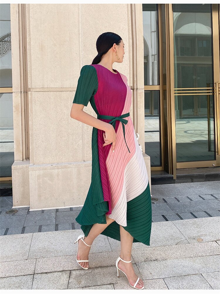 Miyake Pleated Midi Dress Women 2023 Summer Fashion Asymmetric Colorblock Short Sleeve Belted Casual