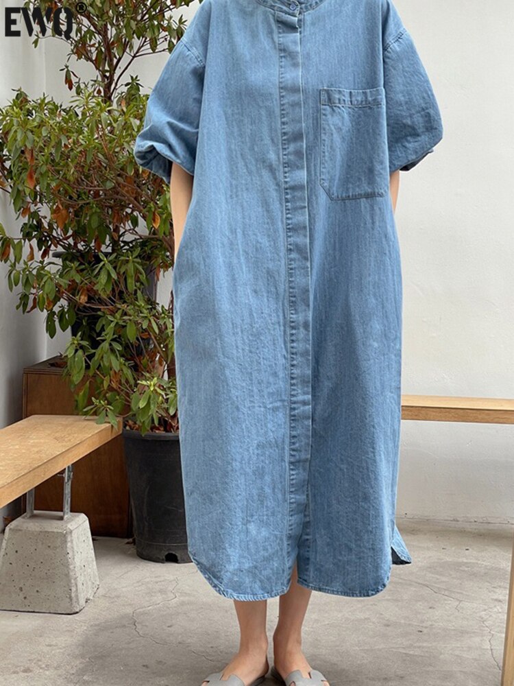 [EWQ] Women Denim Dress Loose Fit Lantern Sleeve Fashion Pocket Dresses Summer New Tide Fashion