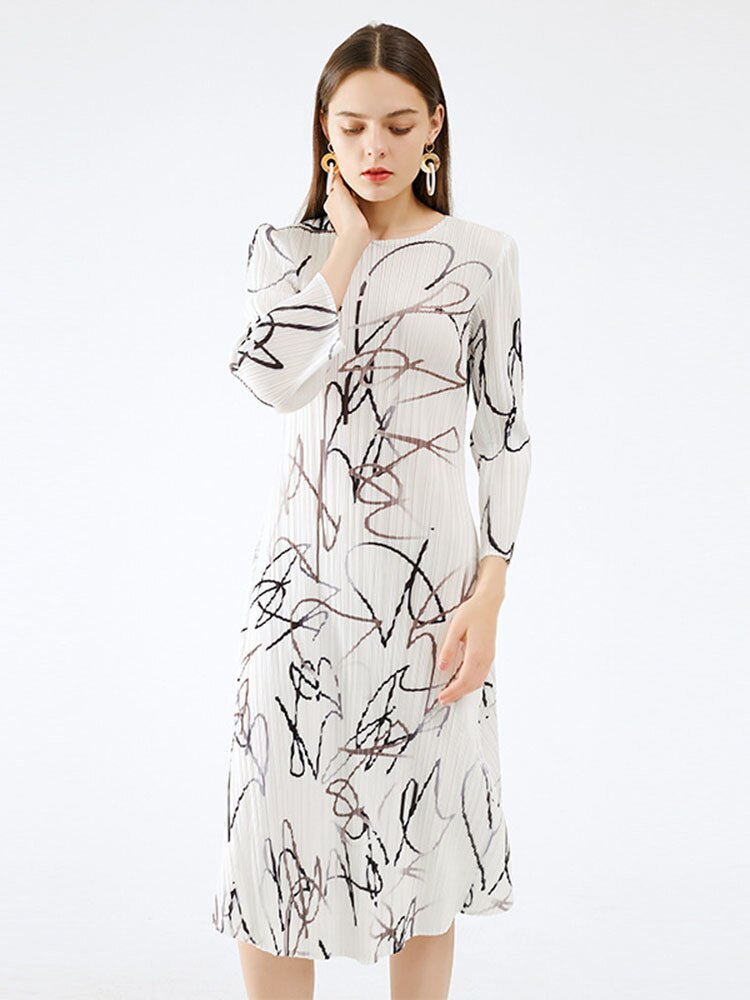 Print Fashion Pleated Elegant Lady Medium Long Round Collar Niche Design New Summer Loose A Line