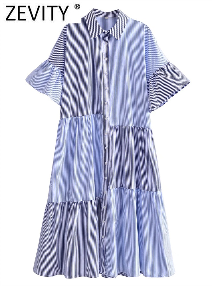 Zevity Women Vintage Irregular Striped Print Patchwork Pleats Loose Midi Dress Female Chic Ruffles