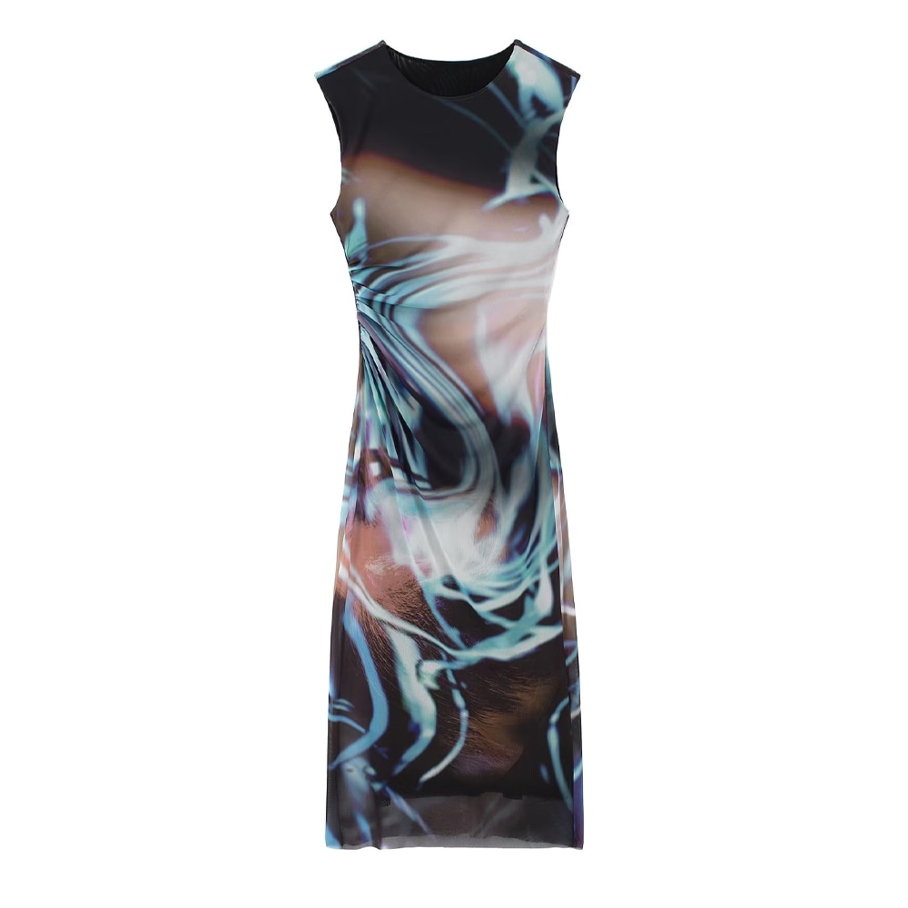 Women Fashion Side Gathered Printed Tulle Midi Dress Vintage Sleeveless With Lining Female Dresses