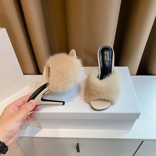slim heel open-toe sandals women's mink hair sexy one-half hair high-heeled sandals image 40