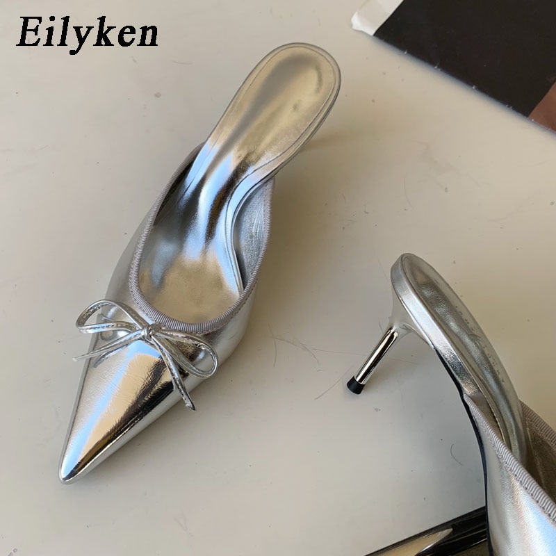 Spring Pointed Toe Women Slipper Butterfly-knot Shallow Slip On Ladies Mules Shoes Thin High Slides image 4