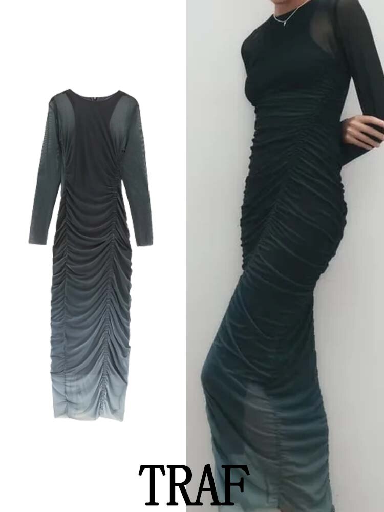 TRAF 2023 Woman Printed Silk Screen Midi Long Dress Fashion Long Sleeve O-Neck Vintage Pleated