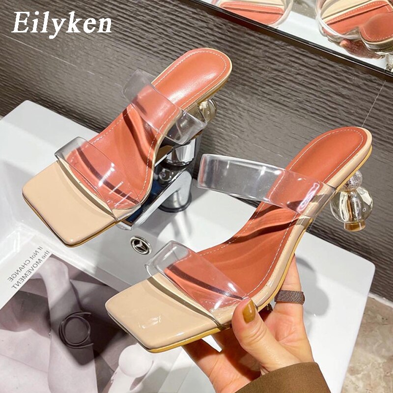 Summer Square Toe Ladies Slippers PVC Transparent Crystal Strange Style Clear Heel Women Leopard Grain Slides image 22