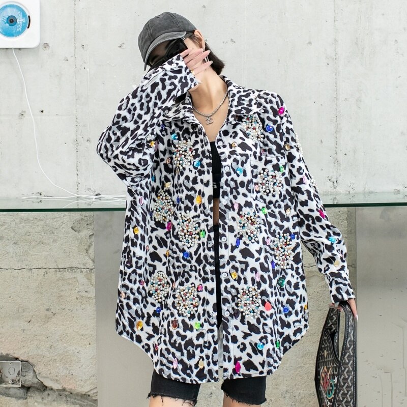 Heavy Industry Nail Bead Splicing Color Diamond Shirt Loose Leopard Print Printing Shirt Women's