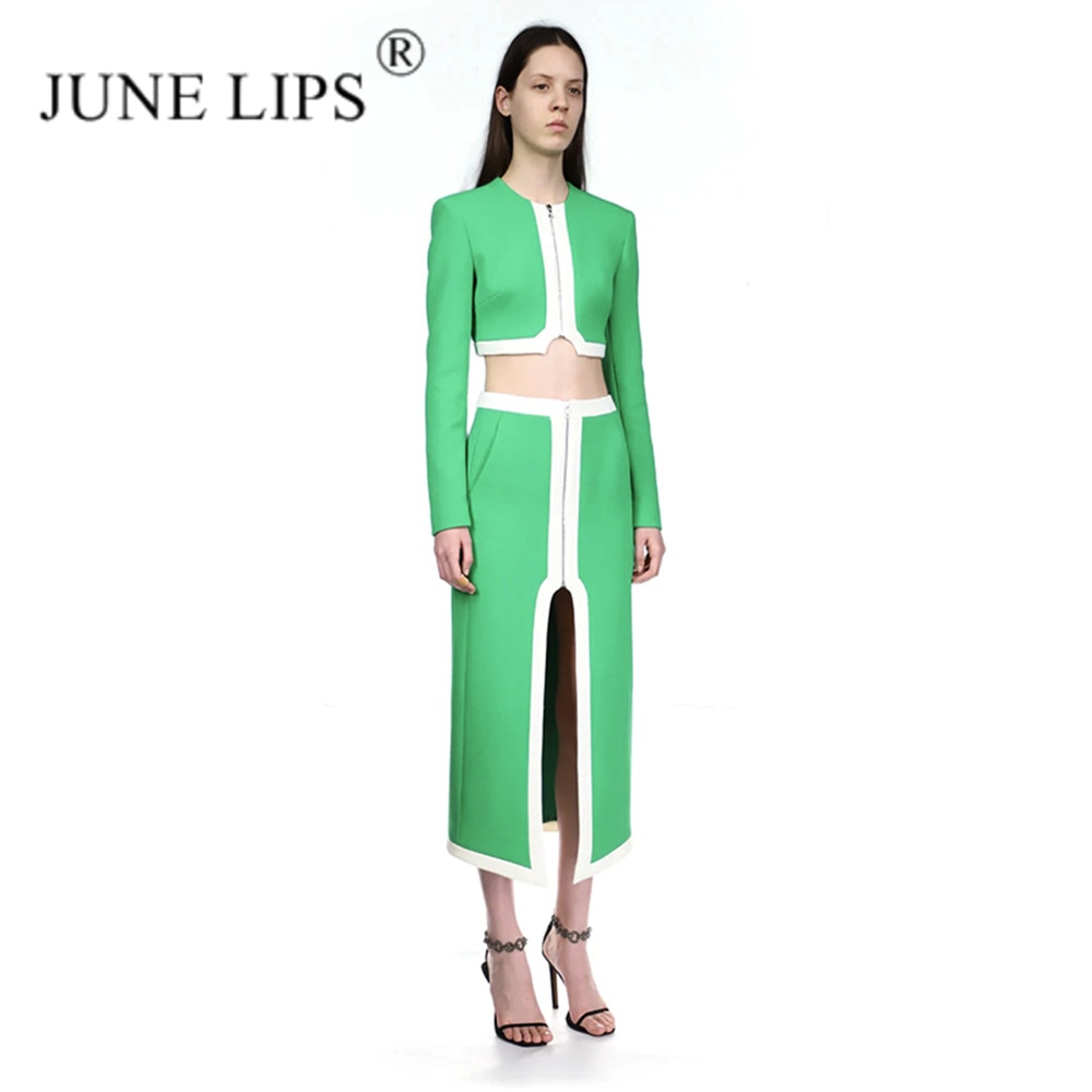 JUNE LIPS 2023 New Women's Elastic Long-sleeved Jacket Suit Jacket Skirt Two-piece Suit Celebrity