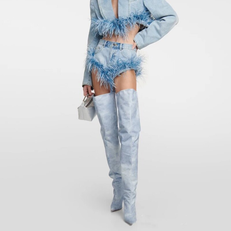 Processing Time:7-15 days after placing orders European and American Brand Catwalk Boots Women's Summer Sexy Thin High Heel Elastic Denim Knee Sleeve Boots image 12