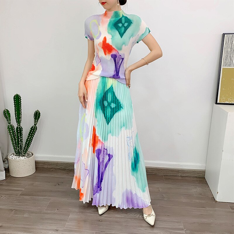 Printed Pleated Set Women's Summer New Temperament Printed Tofu Pleated Top 100 Large Swing Skirt