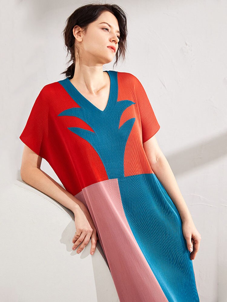 Pleated Geomentric Dress Print Women Short Sleeve New Summer Medium Long Female Loose Casual