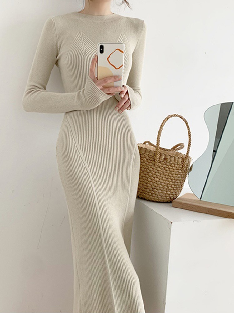 Women Fashion Simple Slim Dress Long Sleeve Solid O-Neck Woman Knitted Dress Autumn Vintage Mid-Calf