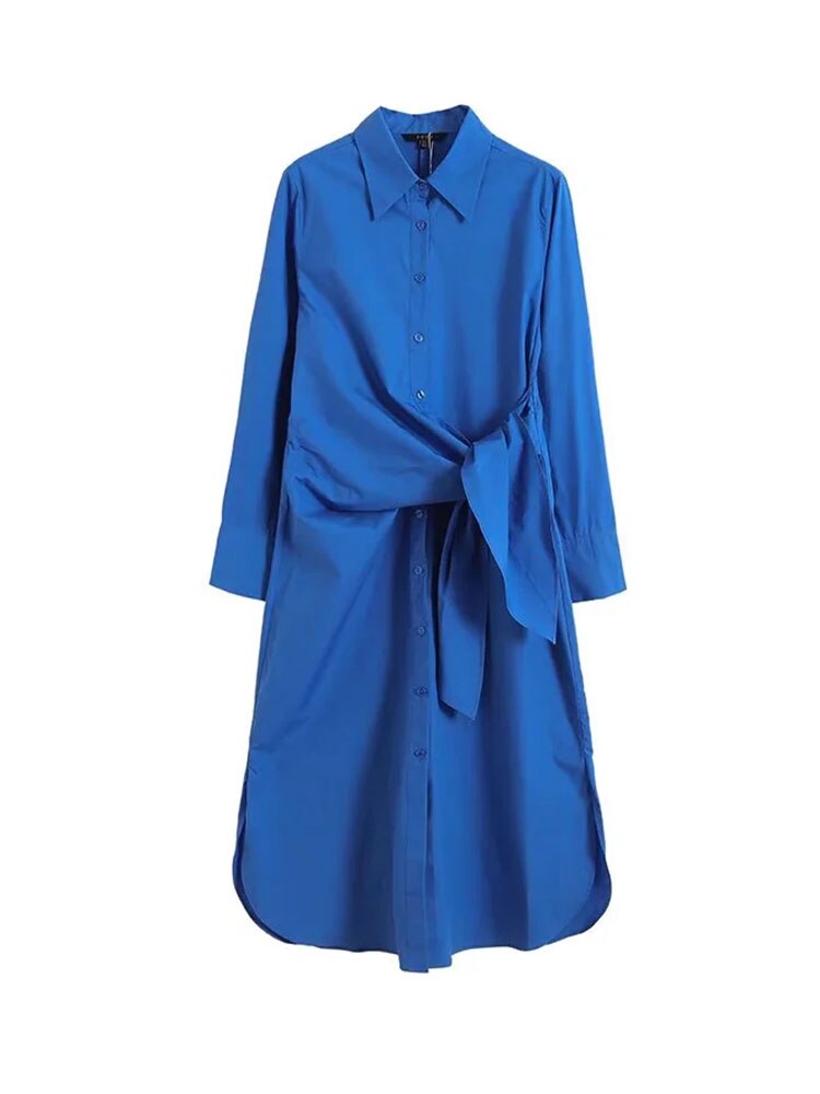Nlzgmsj ZBZA 2023 Women Chic Blue Party Midi Dress Elegant Female Sashes Long Sleeve Dress Spring