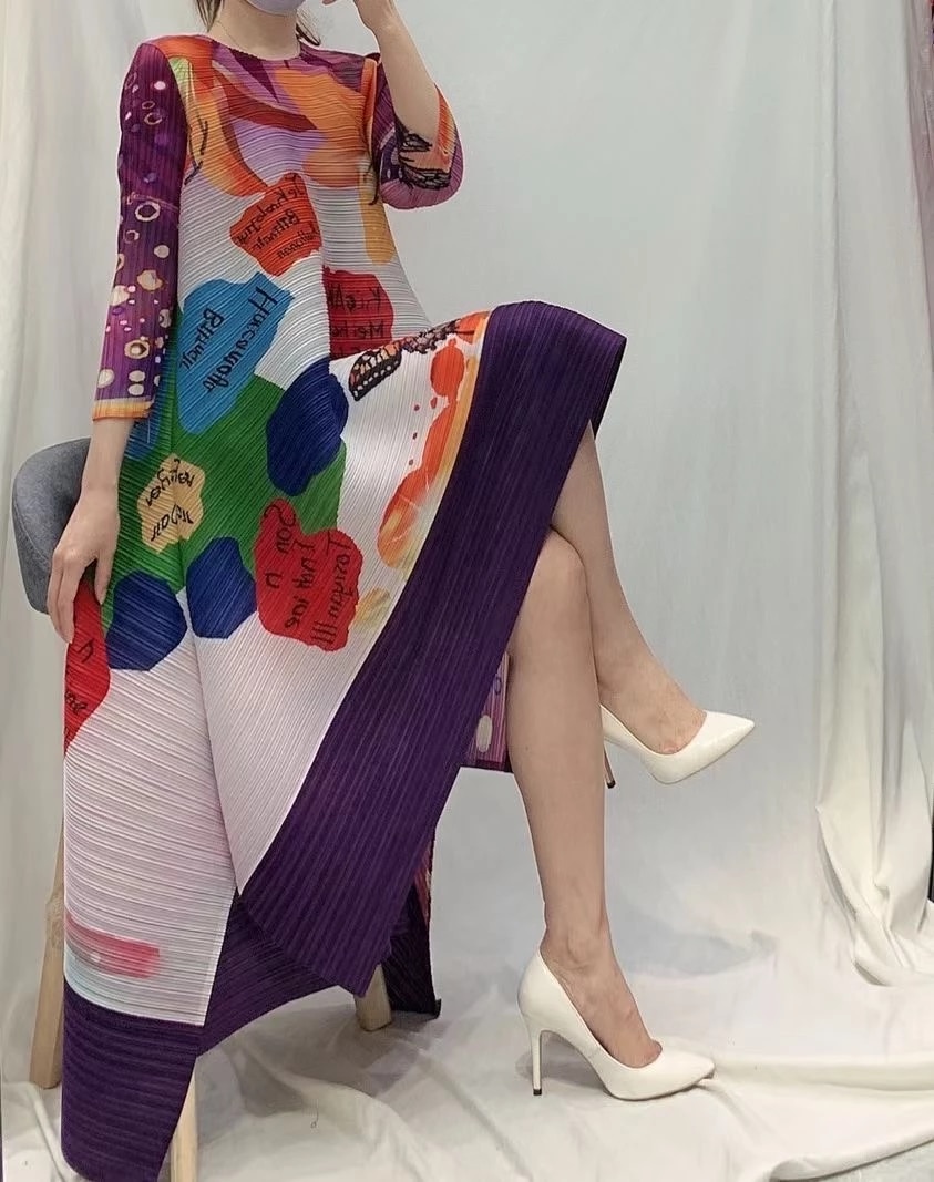 Miyake Fold 2021 Summer New Fashion Pleated Temperament Casual Loose PrintedElegant Midi Dress Age