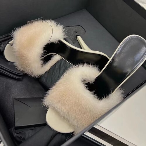 slim heel open-toe sandals women's mink hair sexy one-half hair high-heeled sandals image 65
