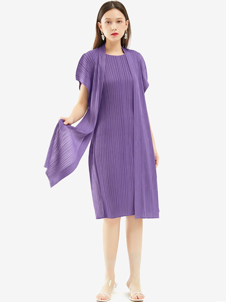 Fashion Pleated Dress Elegant Short Sleeve Loose Medium Long Round Collar Solid Color New Summer